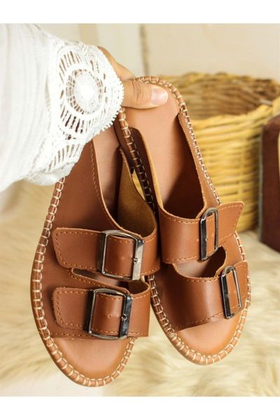 

slippers double buckle slippers-tan, Black