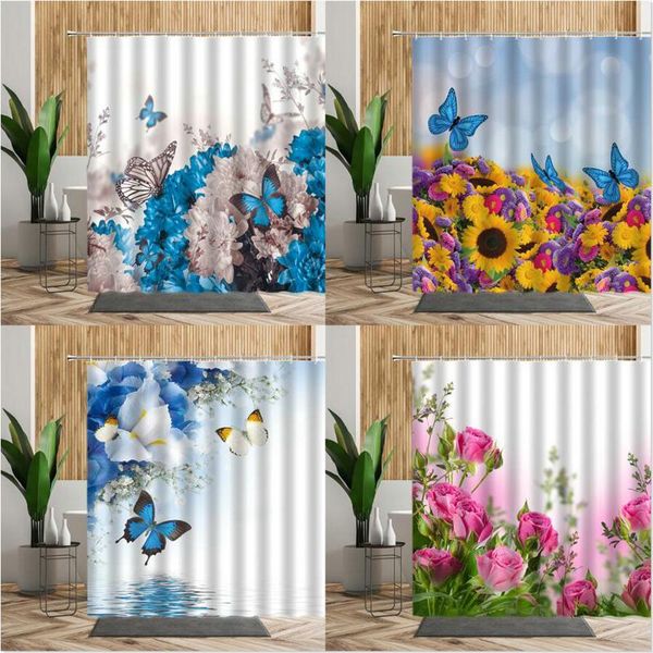 

flower butterfly printed shower curtain floral bathroom decor waterproof fabric bathtub screen with hook bath wall cloth curtains