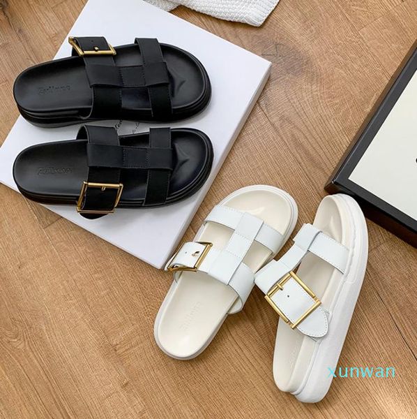 

platform slippers mens womens summer oversized sandals beach slides ladies flip flops loafers shoes trainers silk cowhide metal buckle white, Black