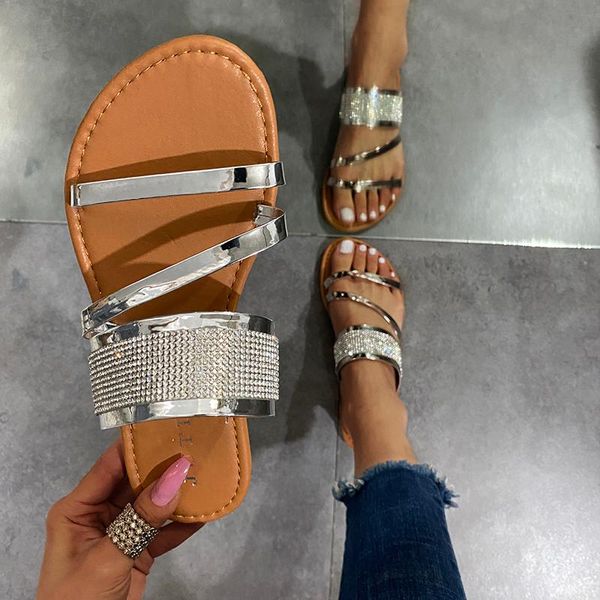 

slippers 2021 summer women's fashion gold silver patent leather flat heel sandals bling rhinestone narrow band beach casual, Black