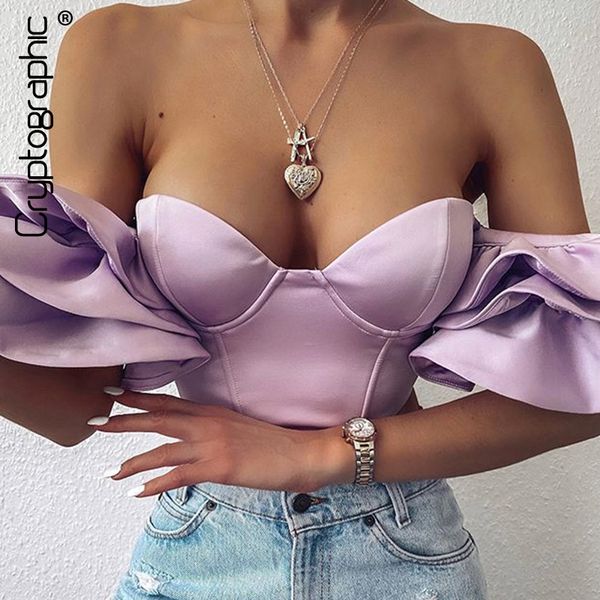

cryptographic satin bustier corset and women shirts blouses ruffles off shoulder backless crop plus size blusas mujer, Black;white