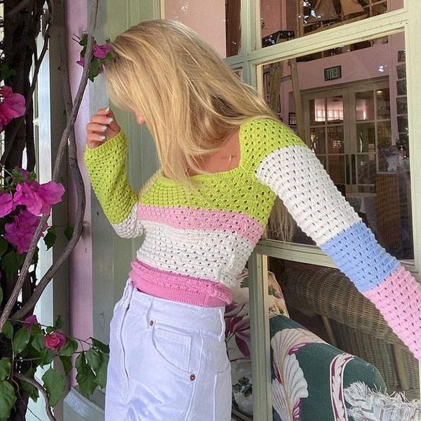 

women's sweaters 90s knitting women y2k autumn hollow out long sleeve crop fashion vintage female patchwork casual t shirts, White;black