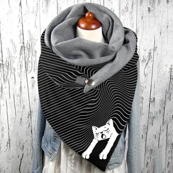 

cycling caps & masks fashion women cute cat print scarf hijabs female lady retro multi-purpose shawl button femme wraps foulard bufand #t2g, Black