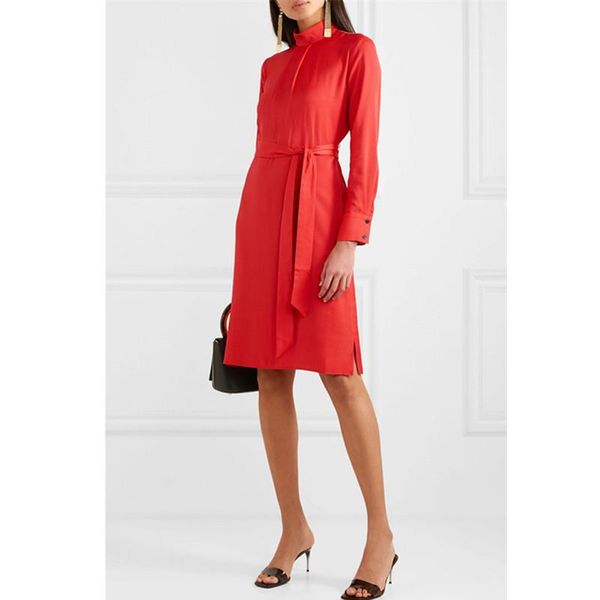 

casual dresses red chiffon dress 2021 long sleeve commute ol spring pleated stand collar full women with belt, Black;gray