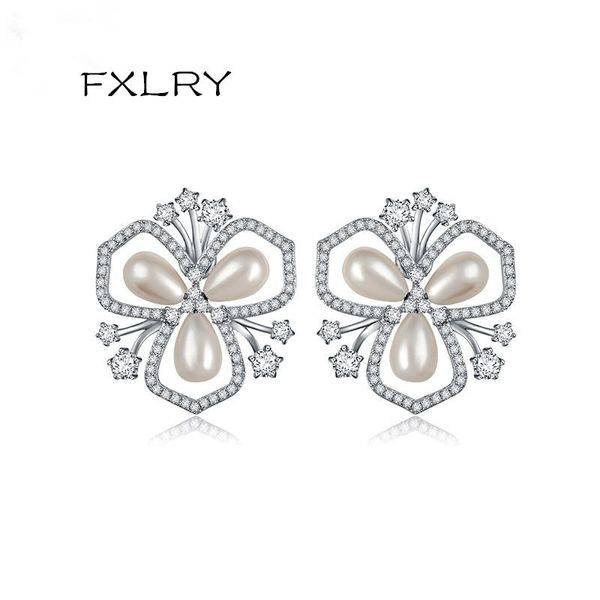 

stud fxlry arrival white color cubic zirconia freshwater pearls sweet flower earrings for women jewelry, Golden;silver