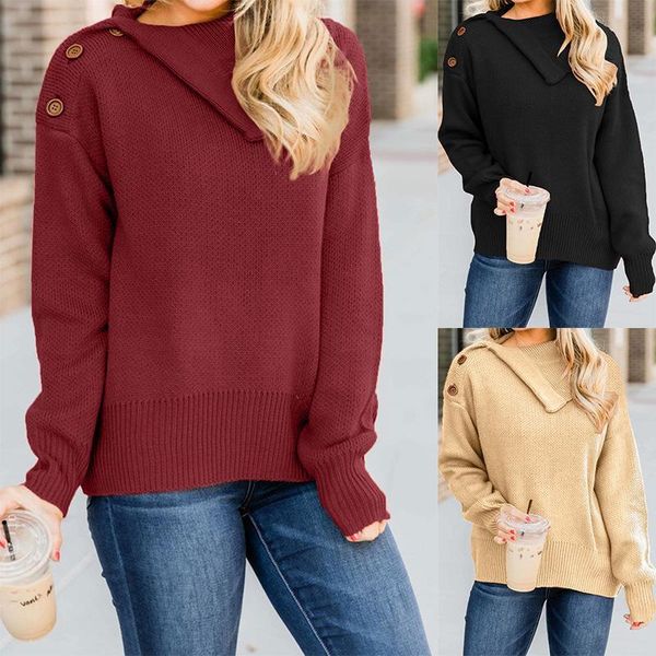 

autumn winter new sweater women loose fashion casual knitted pullovers turn-down collar lady solid color female clothing, White;black