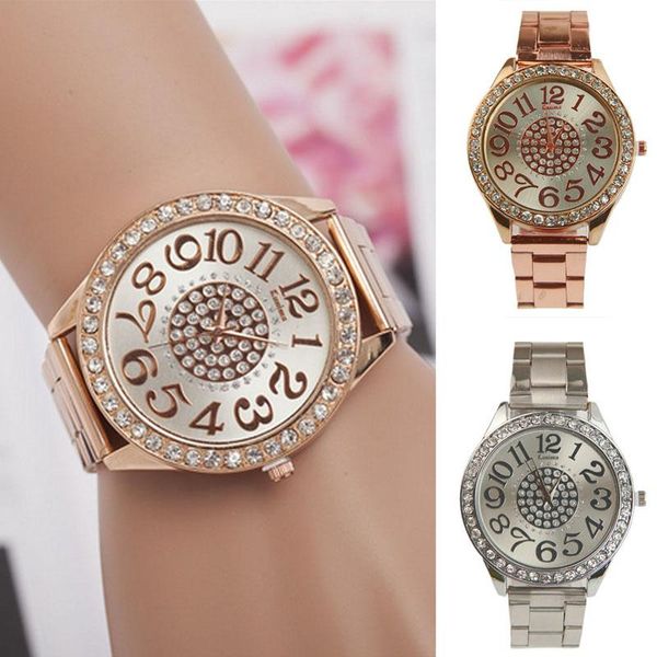 

fashion crystal analog quartz stainless steel band women bracelet wrist watch 19qc wristwatches, Slivery;brown
