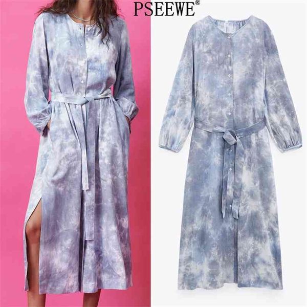 

tie dye long dress women elegant tied belt sleeve woman dresses spring side vents button up casual 210519, Black;gray