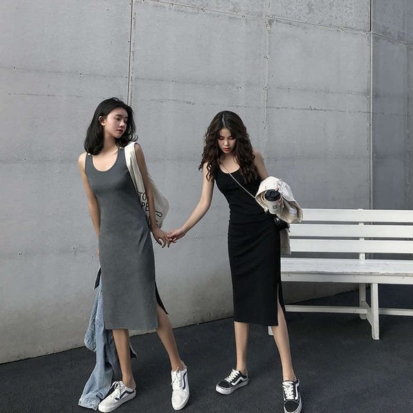 

summer casual french dresses minority hepburn style small black with bottom waistcoat skirt and side slit mid length dress for women, Black;gray