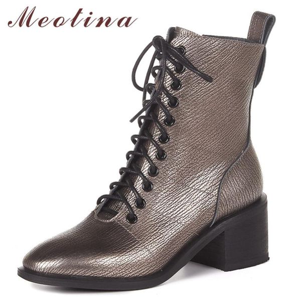 

boots meotina ankle women shoes genuine leather high heel short zip cross tied block heels ladies footwear gray size 42, Black