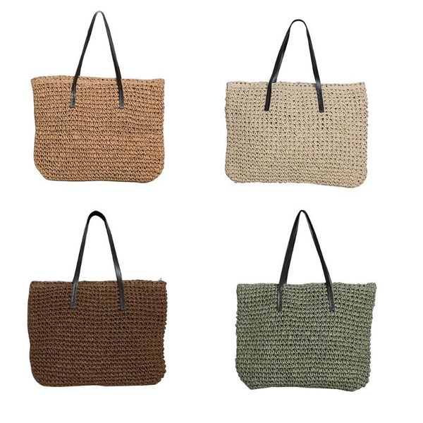 

duffel bags women boho woven straw large capacity tote bag with faux leather handle zipper weaving single shoulder handbag purse