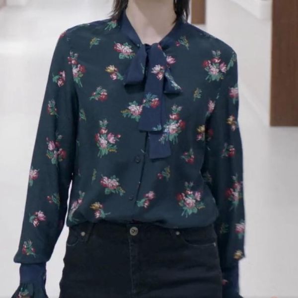 

spring and autumn style long-sleeved lapel single-breasted silk shirt with ribbon bowknot fresh flower print women's blouses & shirts, White