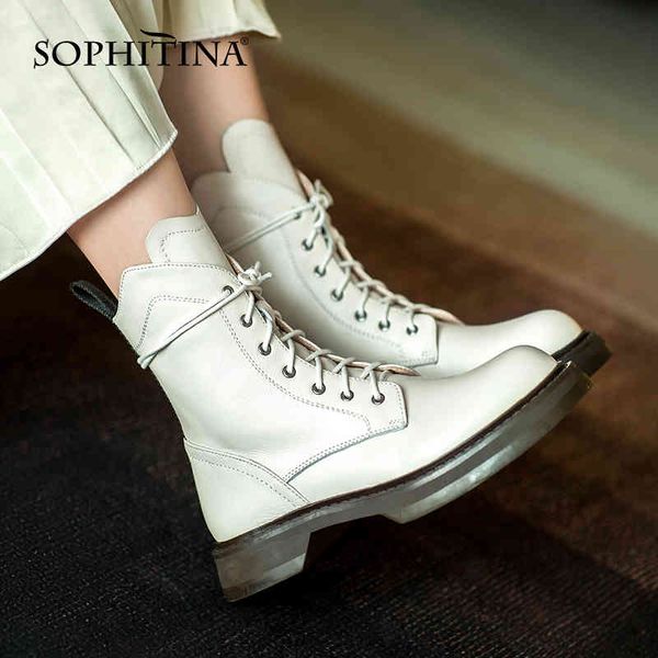 

sophitina ankle boots women casual genuine leather cross-tied patchwork boots round toe low heel fashion female shoes so775 210513, Black