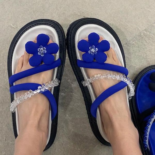 

slippers flip flops women's 2021 summer flower open toe trendy blue clip flat bottom elegant sandals and women, Black