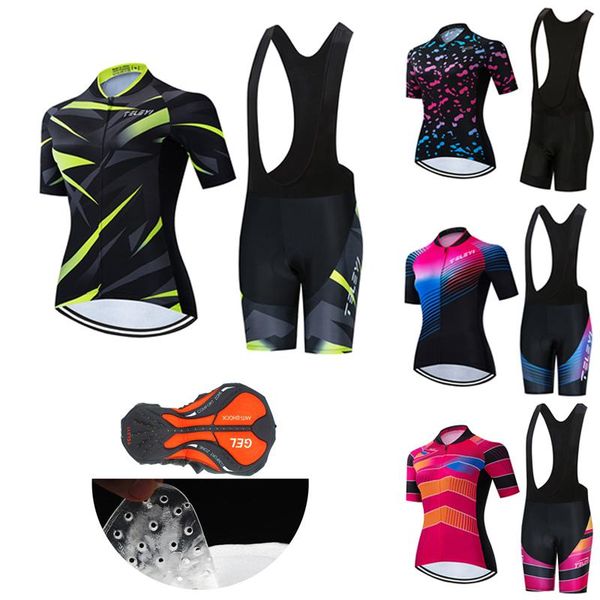 

racing sets fashion cycling jersey set women bib gel shorts 2021 summer bicycle clothes mtb suit female bike clothing uniform dress skinsuit, Black;blue