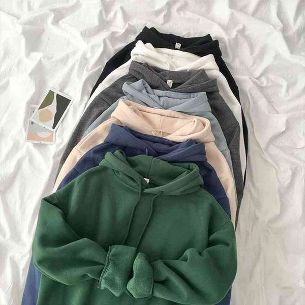 

velvet thickened hooded sweatshirt women casual solid long sleeve loose pullover female harajuku green blue autumn hoodies, Black