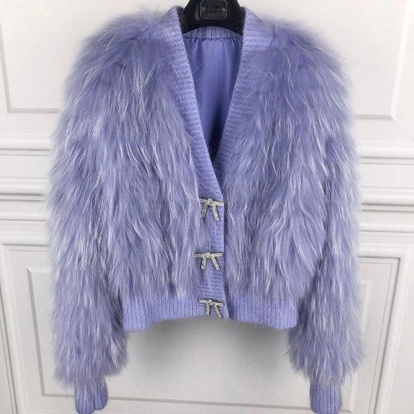 

women's knits & tees yoloagain 2021 autumn women sweater with raccoon fur v-neck single breasted cardigan ladies, White