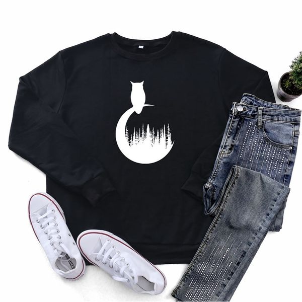 

fashion spring and autumn women's owl print round neck sweater, Black