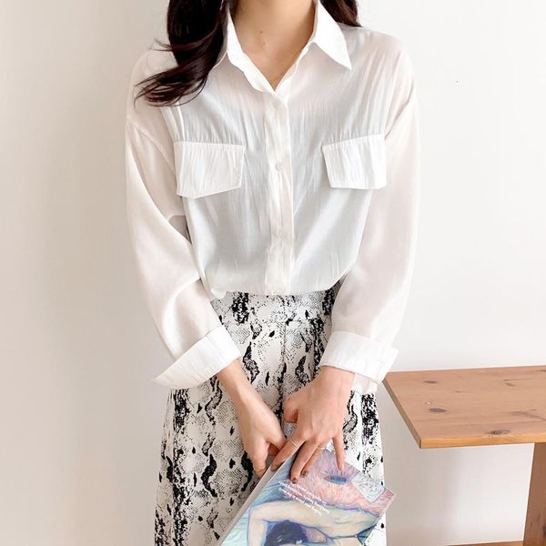 

knits solid shirt women loose casual blouse jacket autumn new full sleeve double-pocket white ol work shirts female plus size