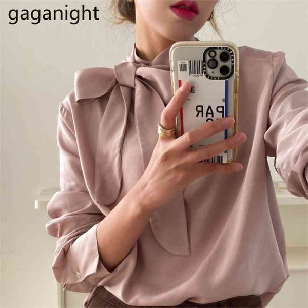 Koreanischer Stil Eleganter Ständer Bogen Schärpen Frauen Blusen Chic Solide Langarm Chiffon Damen Shirts Top Büro Dame 210601