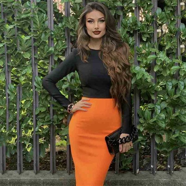 

ladies summer patchwork black orange o neck long sleeves with back zipper high street each matching bandage dress 210525, Black;gray