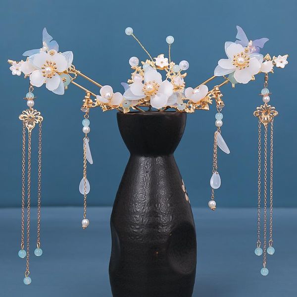 

hair clips long fringed headdress set with earring flower design handmade traditional chinese style hanfu accessories