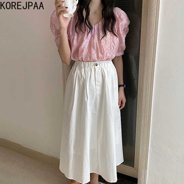 

korejpaa women sets summer korean sweet pleated v-neck mesh three-dimensional polka dot puff sleeve shirt high waist skirts 210526, White