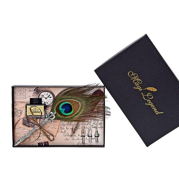 

fountain pens h55f vintage handmade peacock feather quill dip pen + writing ink 3 nibs kit set with gift box
