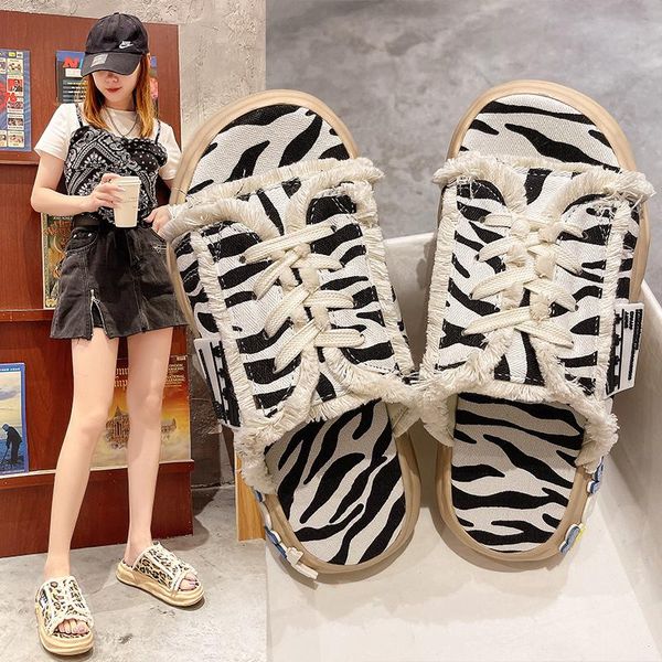 

slippers 2021 fashion platform flats women shoes zebra print women's leopard mid-heel street style flip flops, Black