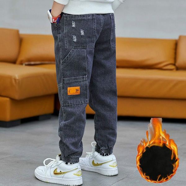 

winter spring boys' plush fleece warmth ripped stitching fashion jeans, Blue
