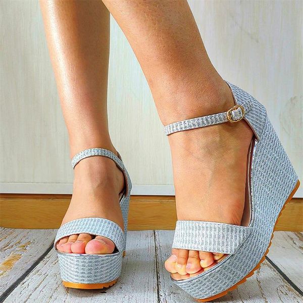 

sandals ankle strap platform wedges cover heel buckle office lady casual summer bling cosy 2021 woman shoes, Black