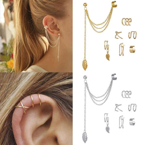 

7pcs fashion gold star leaves non-piercing ear clip earrings for women simple fake cartilage ear cuff clip jewelry accessories, Golden
