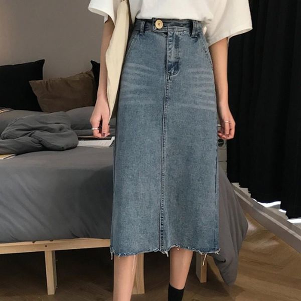 

skirts 2021 blue package hip retro skirt slit jeans women step denim slim spring summer lady high waist long, Black