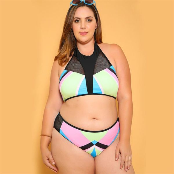 

one-piece suits plus size split swimwear 2021 checkered mesh halter tankini high waist backless bathing suit for women