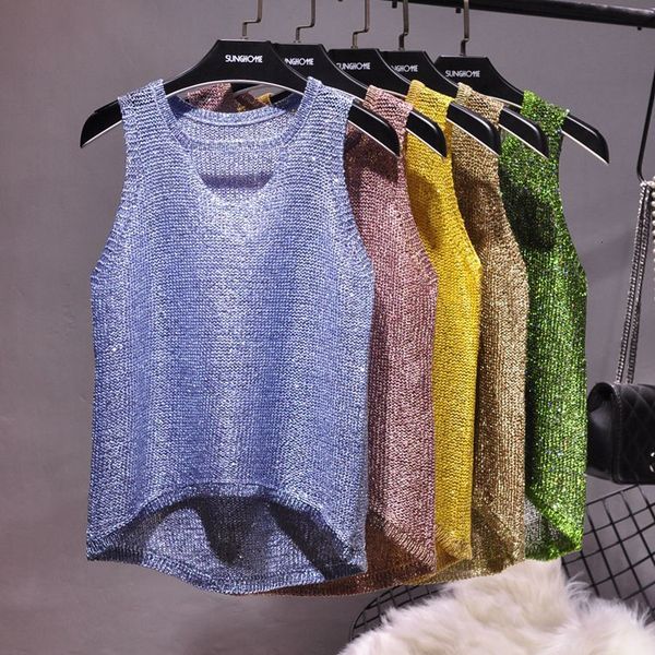 

camis summer sequined knit camisole sleeveless hollow out shirt women's loose casual crop, White