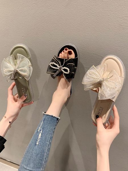 

low rubber slippers butterfly-knot female shoes slides jelly flip flops fashion 2021 flat soft glitter luxury pu basic crystal, Black