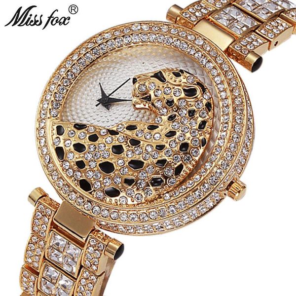 

wristwatches missfox women wristwatch bling casual quartz ladies watch female gold crystal diamond leopard for clock, Slivery;brown