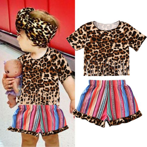 

1-4t girls toddler kids girls clothes sets leopard print short sleeve t shirts girls striped tassel shorts outfits, White