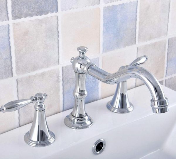 

bathroom sink faucets bathtub chrome polished deck mounted 3 hole double handle and cold water tap tnf539