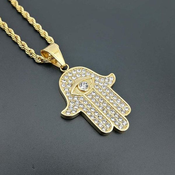 

pendant necklaces mens fashion jewelry stainless steel luxury micro pave cubic zirconia fatima hand hamsa iced out cool trendy hip hop, Silver
