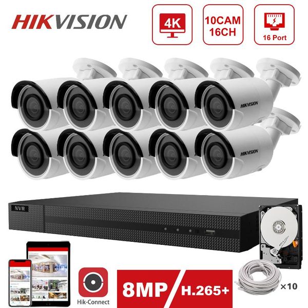 

hikvision ip security system kit 4k 16ch poe nvr 10pcs 8mp camera ds-2cd2083g0-i indoor/outdoor hik-connect p2p wireless kits