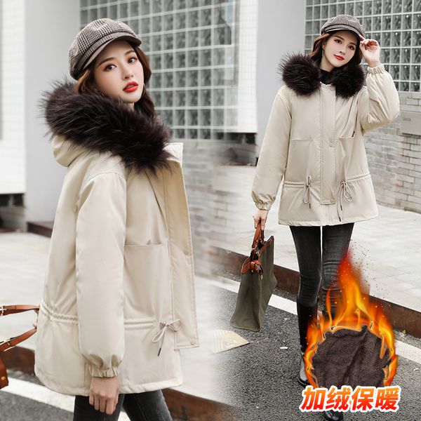 

down cotton jacket parker women's loose mid-length waist large fur collar thicken coat, Black