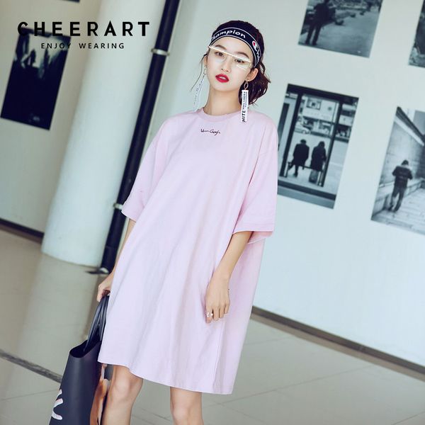 

summer pink t shirt dress women loose zipper print casual reversible mini cotton sundress 210427, Black;gray