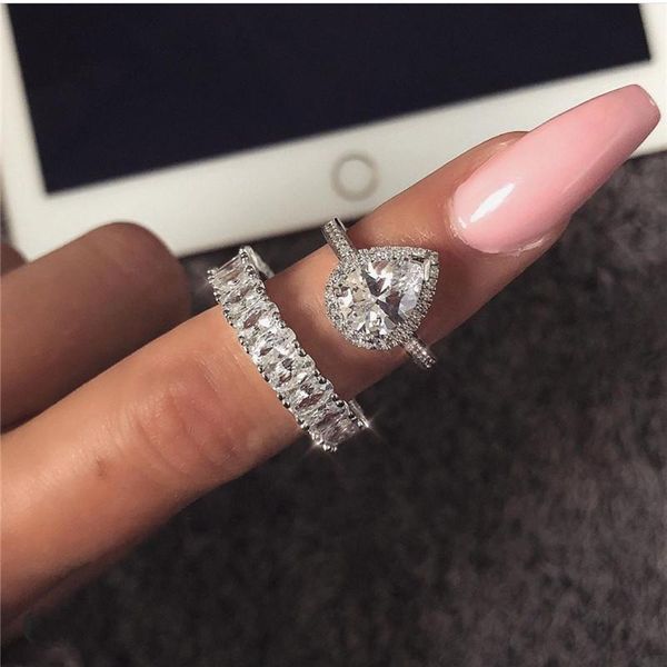 

cluster rings water drop promise ring 925 sterling silver diamond cz engagement wedding band for women bridal jewelry gift, Golden;silver