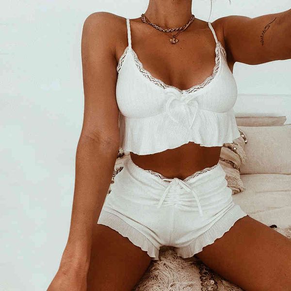 Ruffle Sexy Mulheres Duas Peças Set Y2K Lace Ruched Spaghetti Strap The Ribbed CORSET Top Branco Elástico Crop Tops + Shorts 210517