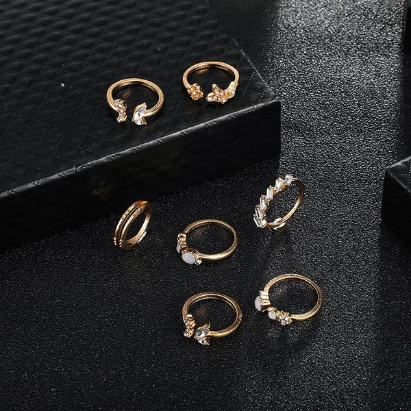 

cluster rings european and american fashion women's chic bohemian open joint ring diamond butterfly flower 7-piece set, Golden;silver