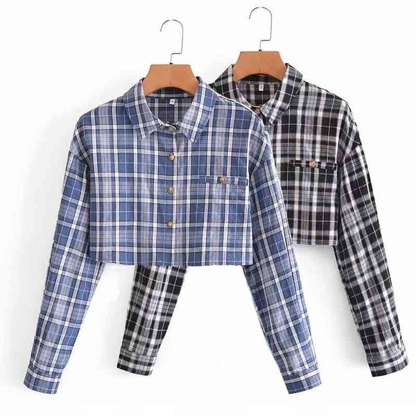 

black blue checked shirt summer fashion drop shoulder sleeves single breasted women casual crop shirts female blouses 210604, White