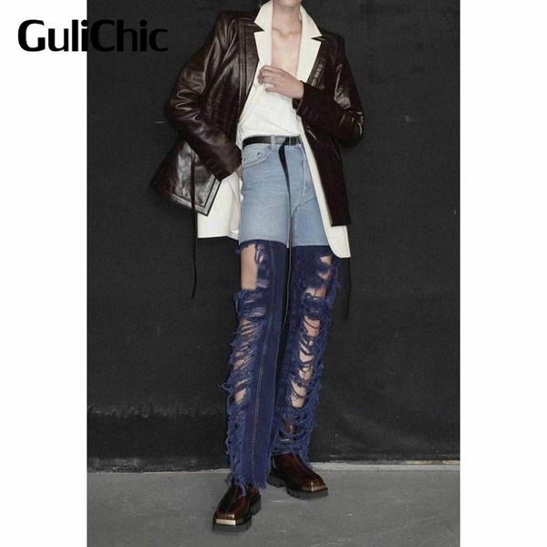 

women's jeans 7.2 high end quality fashion contrast color hole waist cotton straight women, Blue