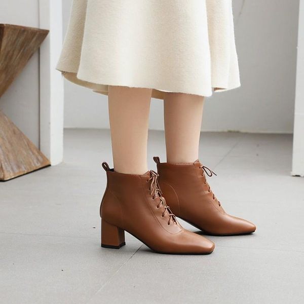 

boots fashion woman square toe ankle soft leather handmade autumn winter cross-tied heels, Black