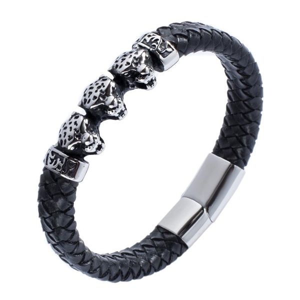 

charm bracelets 2021 men's black leather bracelet stainless steel leopard head magnetic clasp 8mm drop gifts for men e791, Golden;silver